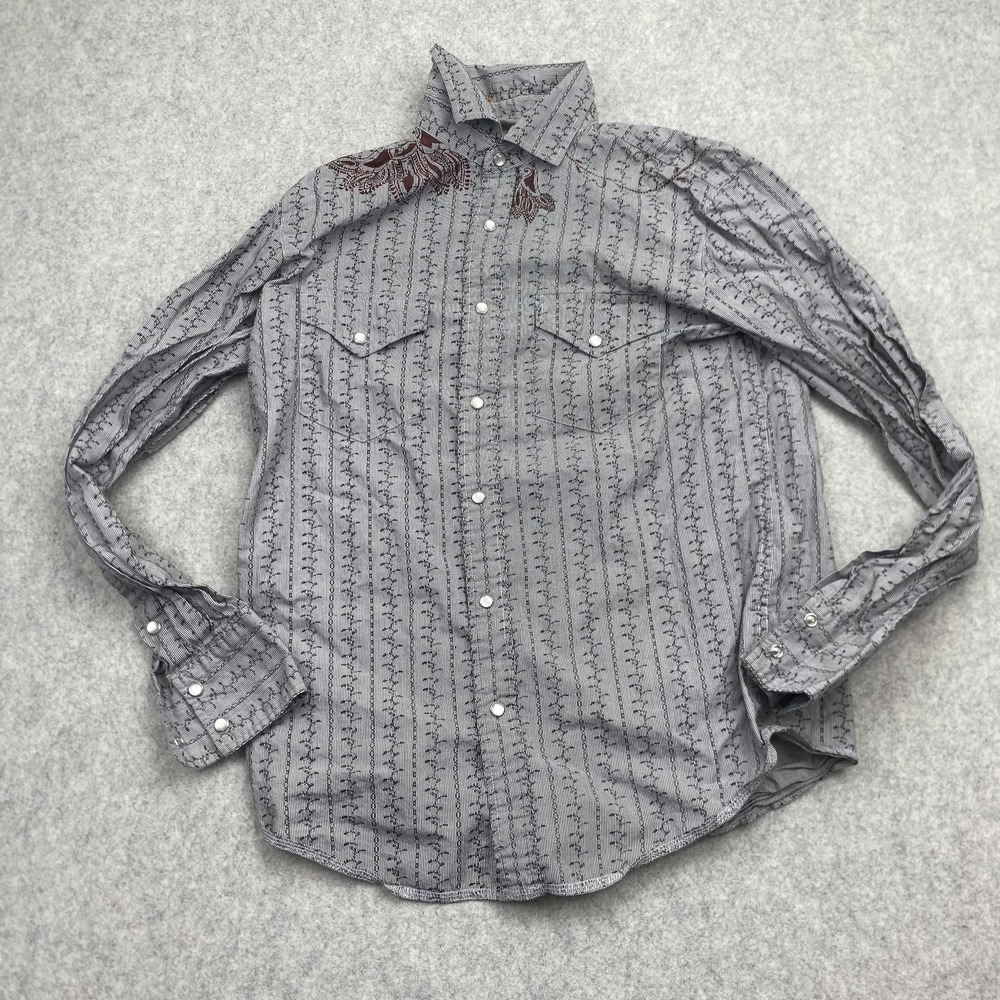Route 66 Shirt Mens Small Gray Western Pearl Snap Long Sleeve Embroidered
